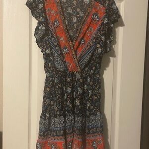 Umgee Floral and Geometric Print Dress - Blue and Orange